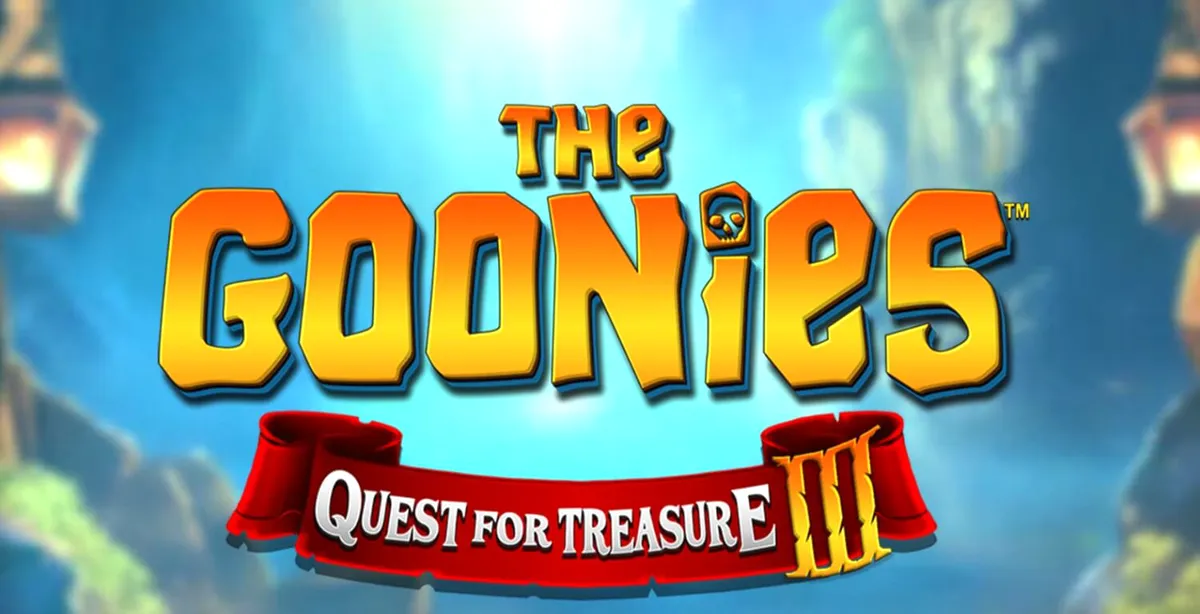 Ilustrasi karakter The Goonies di sekitar gulungan slot dengan tema harta karun bajak laut.